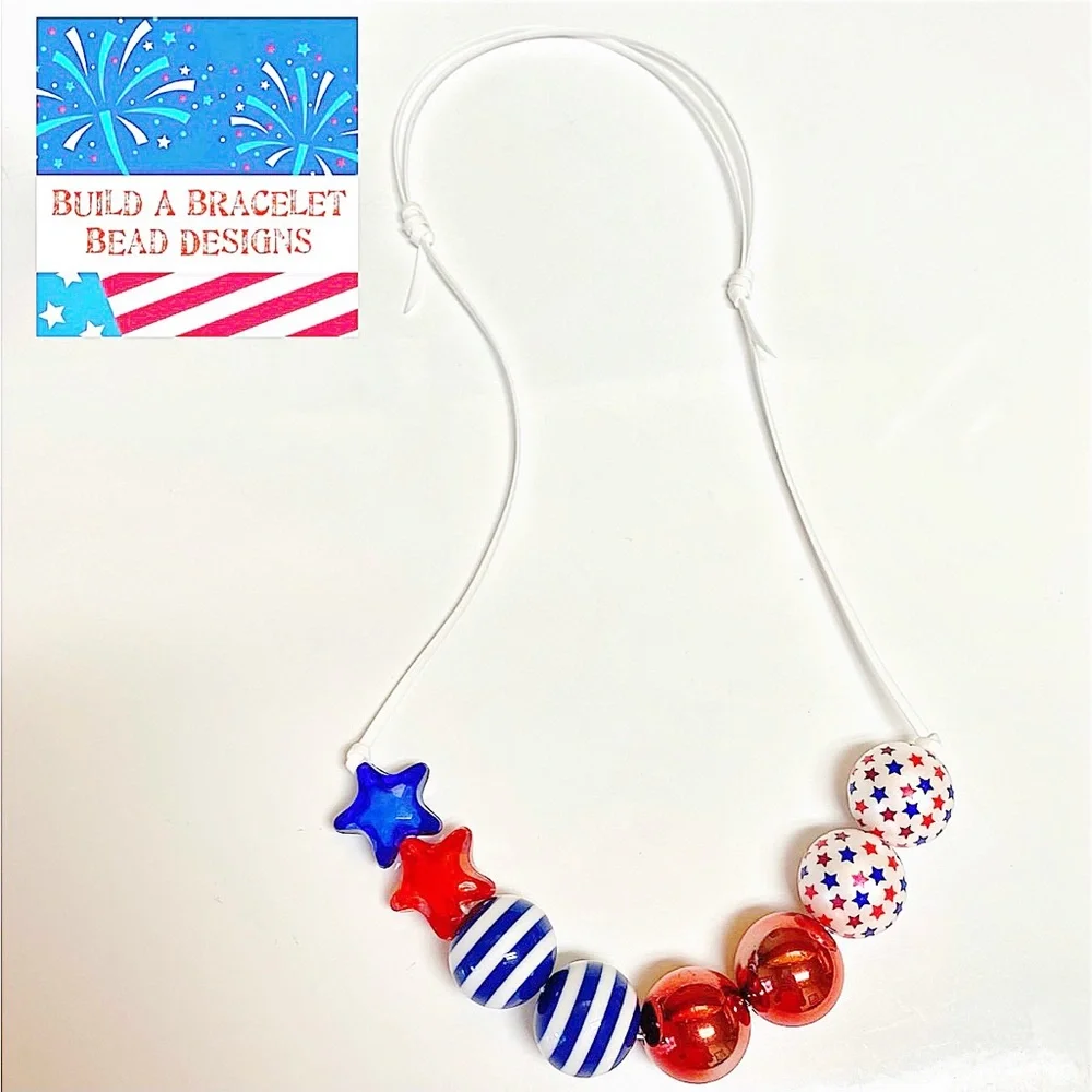 Handmade Patriotic Beaded Necklace Adjustable Stars Stripes July 4th USA